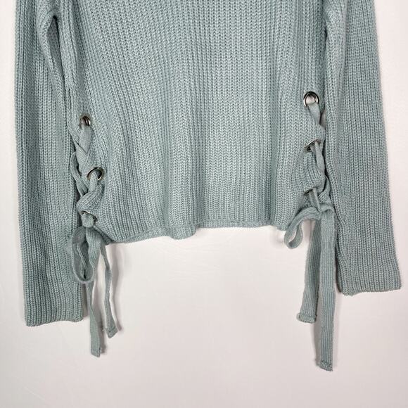 She + Sky Small S Teal Green Side Tie Lace Up Pullover Sweater Scoop Neck Cozy - Picture 6 of 9